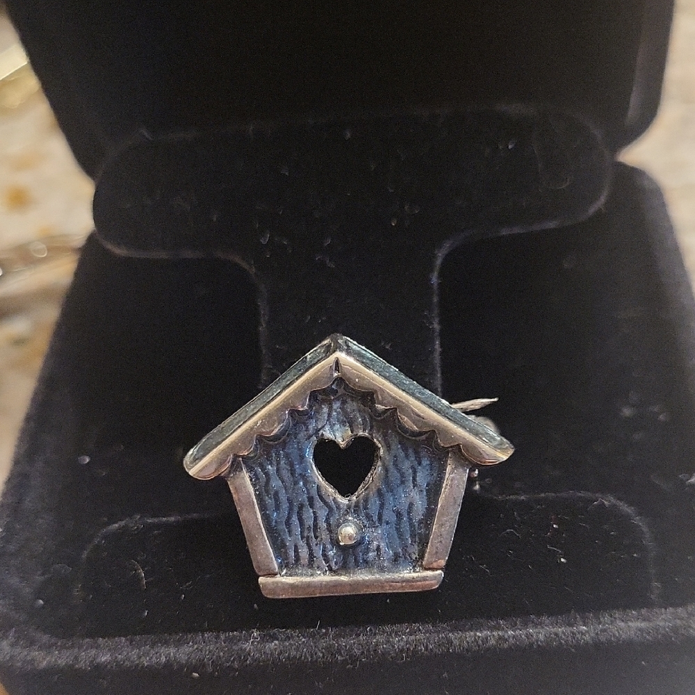 Silver and Blue Birdhouse Brooch